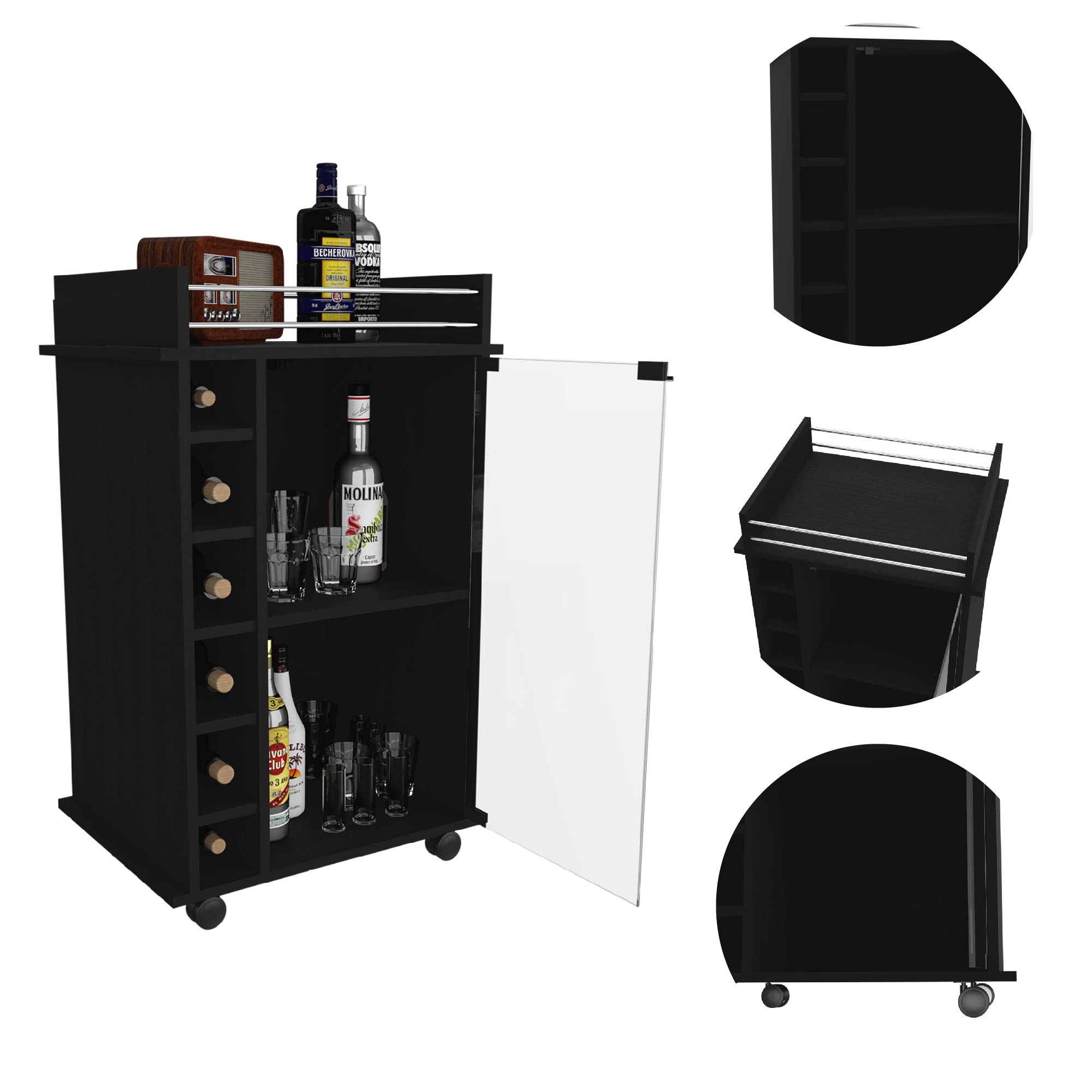 Dukat Bar Cart,Two Shelves, Six Built-in Wine Rack, Four Casters -Black